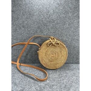 Woven Rattan Basket Bag Round 7" Tan Fabric-Lined Straw Purse Leather Strap